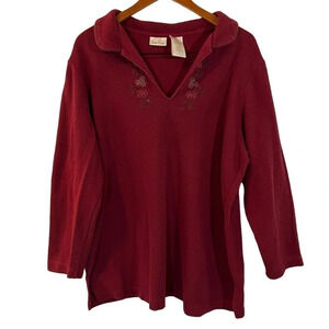 Bobbie Brooks Sweater Plus Size 18W 20W Red Flower Embroidered Collared Knit Top